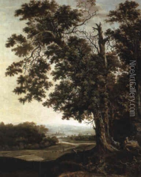 A Wooded River Landscape With Goats Grazing Oil Painting - Jan Looten