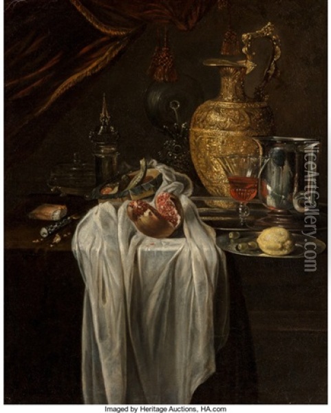Still Life With Ewer, Vessels, Lemon, Marzipan And Pomegranate Oil Painting - Willem Kalf