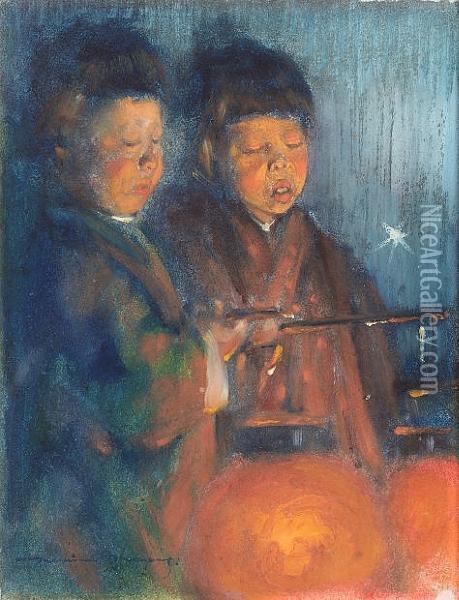 Japanese Children Holding Paper Lanterns; A Japanese Child, A Pair Oil Painting - Mortimer Luddington Mempes
