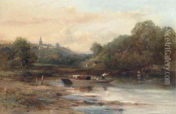 The Cattle Crossing, Near Norwich Oil Painting - Frederick Waters Watts