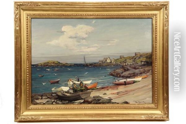 Lobstermen Working Harbor Beach, Monhegan Island, Maine Oil Painting - Robert Van Vorst Sewell