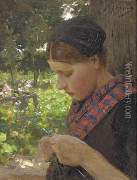A Girl Knitting Oil Painting - Willy Martens