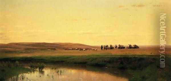 A Wagon Train on the Plains, Platte River Oil Painting - Thomas Worthington Whittredge