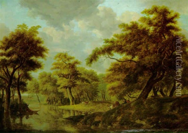 Bewaldete Flusslandschaft Mit Hirten Und Stakendem Kahfahrer Oil Painting - Johann Heinrich Menken
