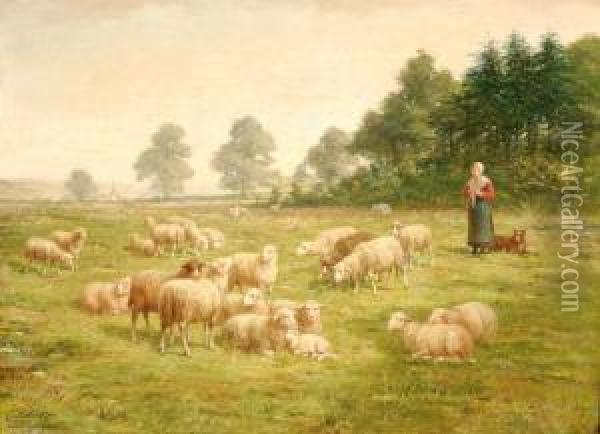 A Farmer's Wife With Sheep Oil Painting - Charles Petit