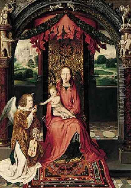 The Virgin And Child Enthroned, With An Angelic Musician Offering An Apple To The Christ Child Oil Painting - Hans Memling