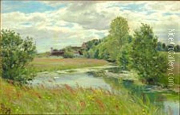 Summer Day Near Odense River With Dalum Monastery In The Background Oil Painting - Hans Andersen Brendekilde