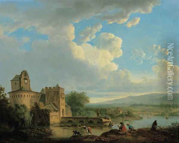 An extensive river landscape with a castle, an artist sketching on the bank in the foreground Oil Painting - Francis Leonard Dupont