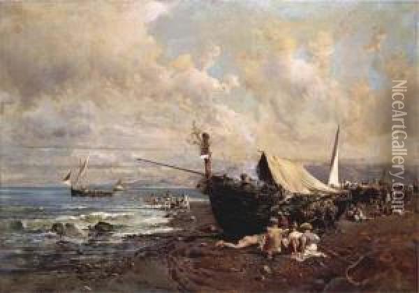 Ninos Con Barcos En Una Playa De Napoles Oil Painting - Baldomero Galofre Y Gimenez