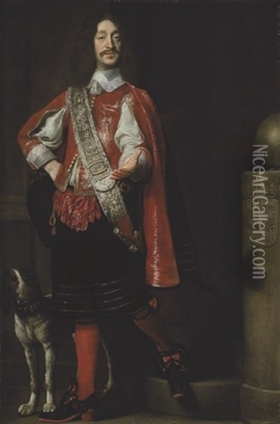 Portrait Of Count Ferdinand Von Werdenberg In A Red Coat With An Embroidered Sash, A Brittany Spaniel At His Side Oil Painting - Samuel Van Hoogstraten