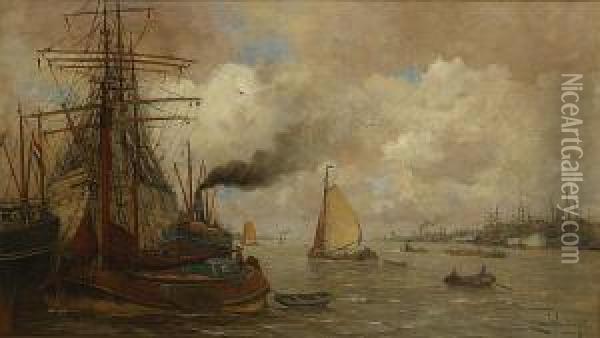 Bedrijvigheid In Een Hollandse Haven Oil Painting - Kees Van Waning