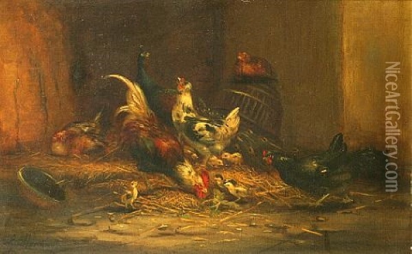 Chickens And Chicks In A Barn Oil Painting - Antoine Guilleminet