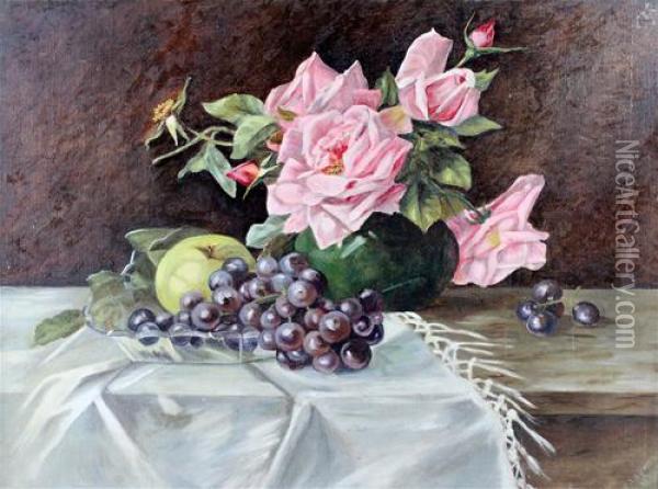 Roses And Grapes On A Table Oil Painting - Violet Harris