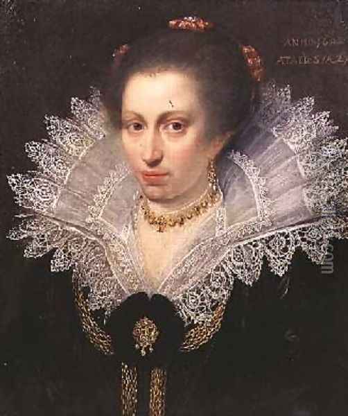 Portrait of a Lady Wearing a High Lace Collar 1602 Oil Painting - (studio of) Moreelse, Paulus