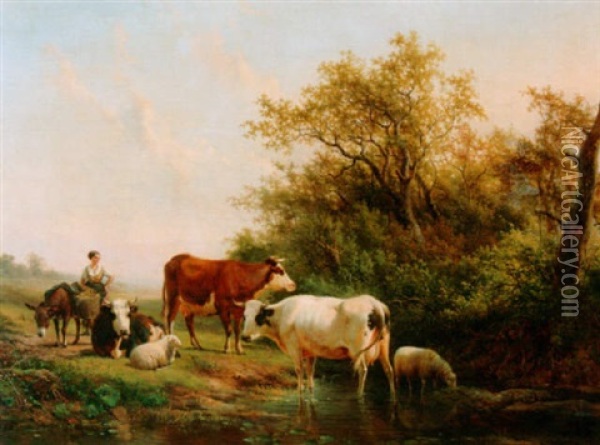 A Summer Landscape With A Peasantwoman And Cattle By A Stream Oil Painting - Hendrik van de Sande Bakhuyzen