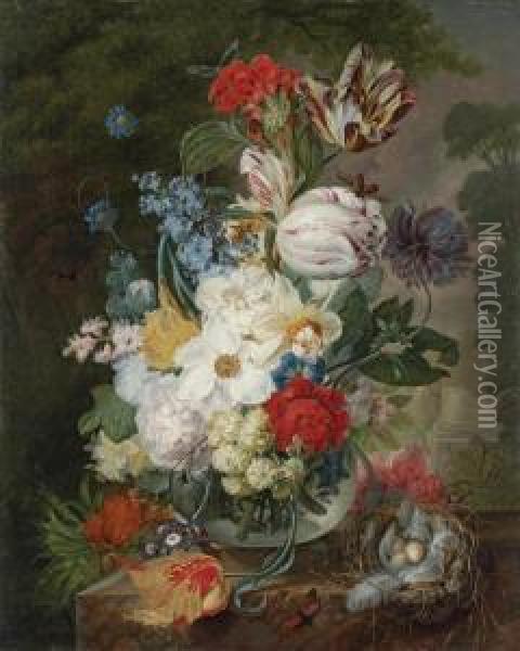 Roses, Tulips And Other Flowers In A Vase Oil Painting - Jan Evert Morel