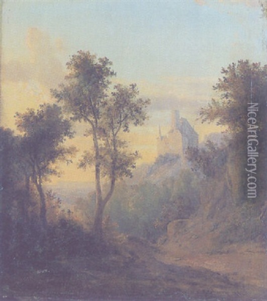 Weitere Landschaft, Rechts Auf Einem Hugel Burganlage Oil Painting - Friedrich Otto Georgi