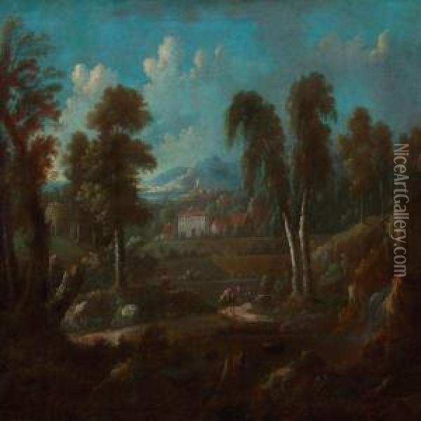 Arcadian Landscape With Houses Near A River Oil Painting - Peter Von Bemmel
