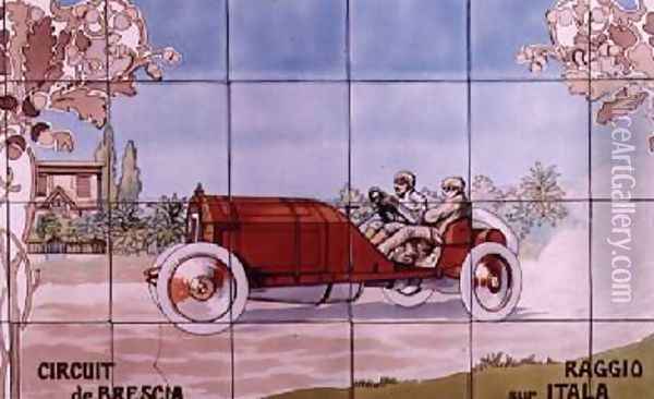 Raggio driving an Itala car in the Circuit de Brescia Oil Painting - Ernest Montaut