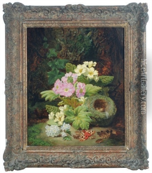 Still Life Of Spring Flowers With A Bird Nest With Eggs And A Moth In A Forest Landscape Oil Painting - Thomas Worsey