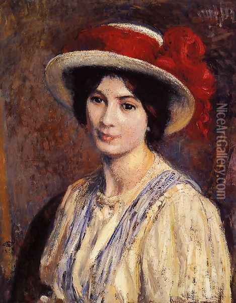 Hat with a Red Ribbon Oil Painting - Georges Lemmen
