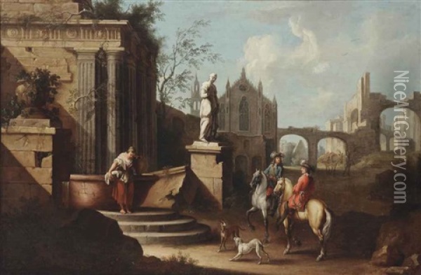 A Capriccio Of Classical Ruins With Two Gentlemen On Horseback By A Well With A Washing Maid Oil Painting - Dirk Maes
