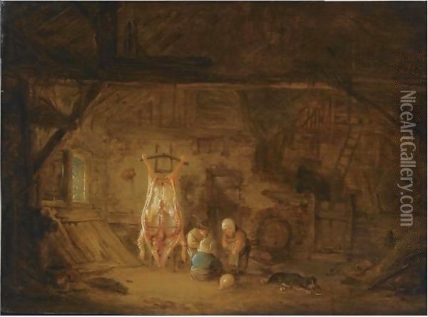 A Barn Interior With Three Children Playing With A Pig's Bladder, Next To A Slaughtered Pig Oil Painting - Isaack Jansz. van Ostade