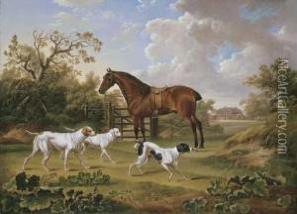 A Bay Hunter And Three Pointers Oil Painting - Charles Towne