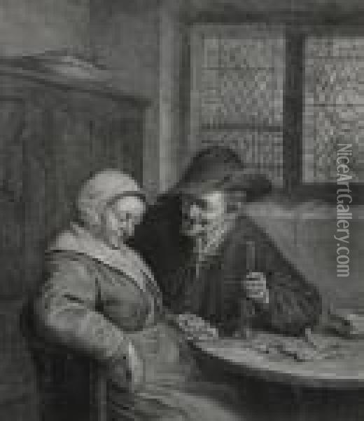 Man And Woman Seated At A Table Oil Painting - Adriaen Jansz. Van Ostade