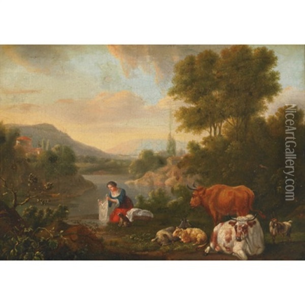 Washerwoman With Her Dog, Cattle, Sheep And Goats By A River With A Town Beyond Oil Painting - Karel Dujardin