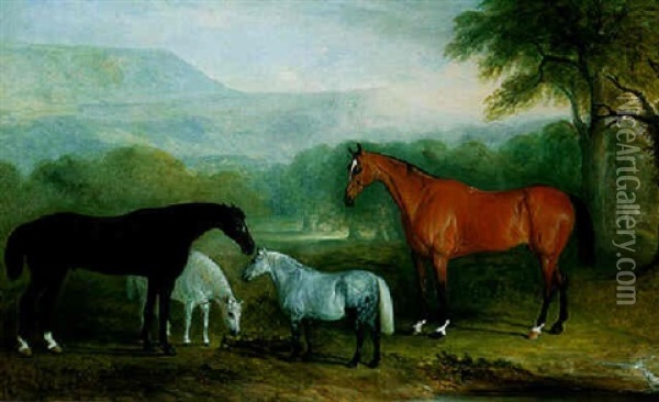 Mares And Foals In A Landscape Oil Painting - John Ferneley Jr.