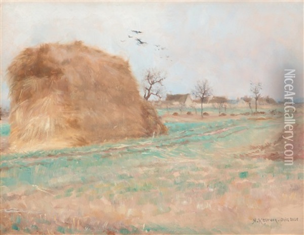 Halmstack Pa Akern (haystack In The Field) Oil Painting - Nils Kreuger