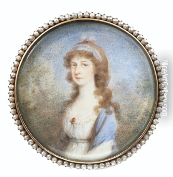 Portrait De Femme A La Robe Blanche Et Au Chale Bleu Oil Painting - Friedrich Heinrich Fueger