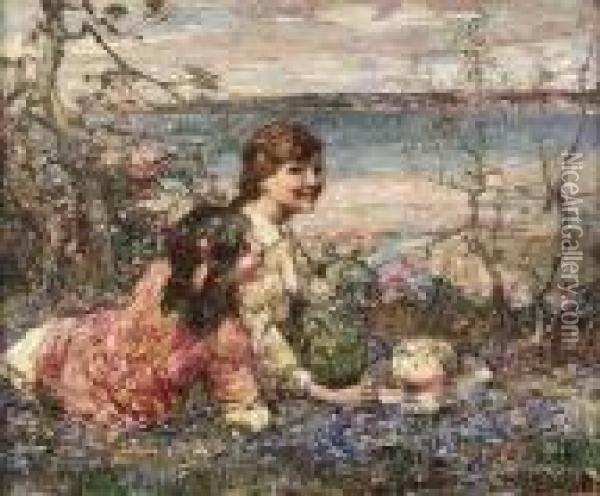 The Pink Bonnet, Brighouse Bay Oil Painting - Edward Atkinson Hornel