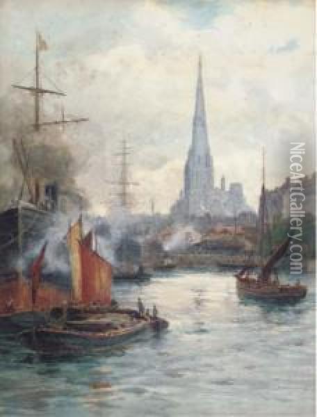 Redcliffe Church From The Harbour Oil Painting - Reginald Smith