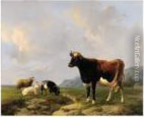 Vache Et Moutons Dans Une Prairie Oil Painting - Louis Marie Dominique Romain Robbe