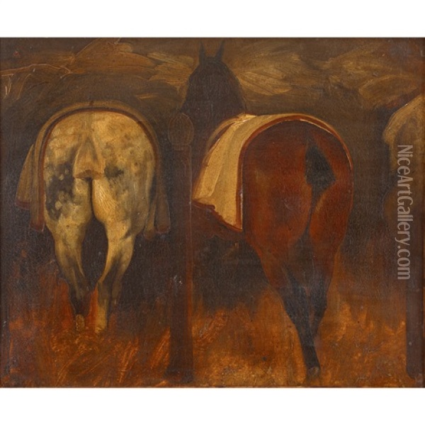 Deux Chevaux A L'ecurie, Vus Par La Croupe Oil Painting - Theodore Gericault