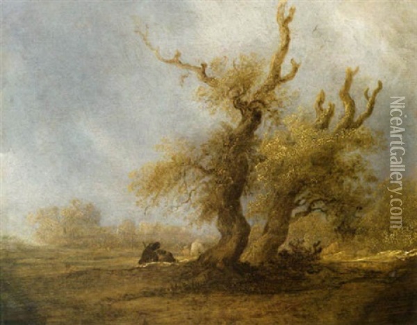A Wooded Landscape With Shepherds And Their Herd Resting Near Oak Trees Oil Painting - Salomon van Ruysdael
