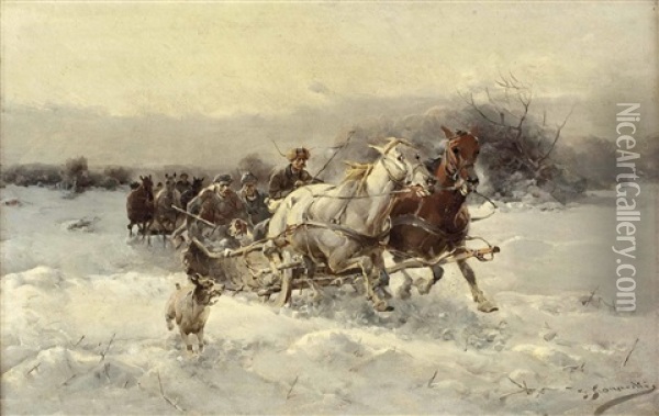 Zwei Pferdeschlittengespanne In Winterlicher Landschaft Oil Painting - Jan Konarski