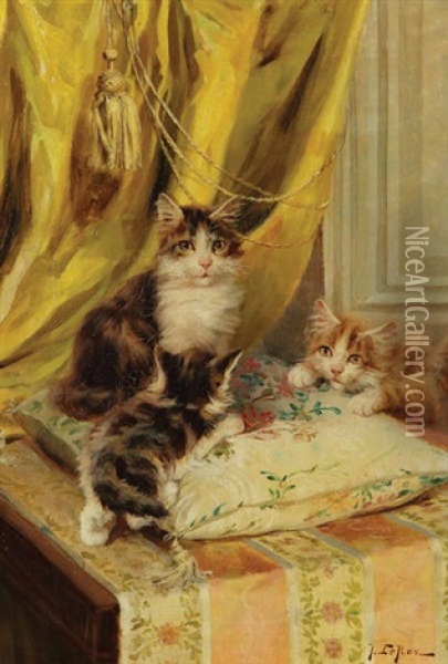 Trois Chats Sur Un Coussin Pres D'un Rideau Jaune Oil Painting - Jules Leroy