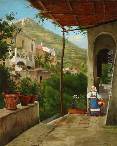 An Italian Woman In A Pergola Oil Painting - Harald Peter William Schumacher