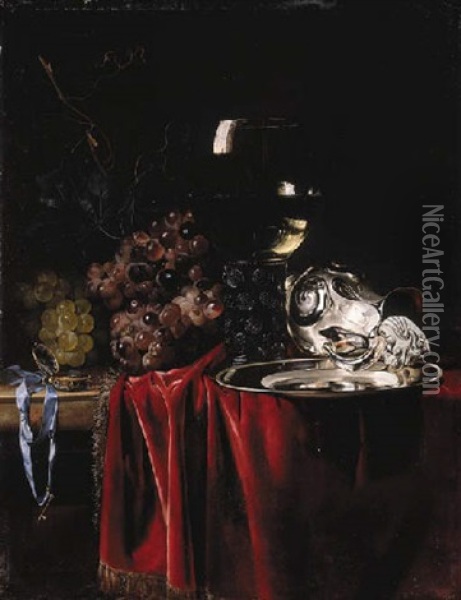 Grapes, A Pocketwatch, A Roemer, A Silver Ewer And A Plate, On A Partly Draped Marble Ledge, The Artist At Work At His Easel Reflected In The Roemer Oil Painting - Willem Van Aelst