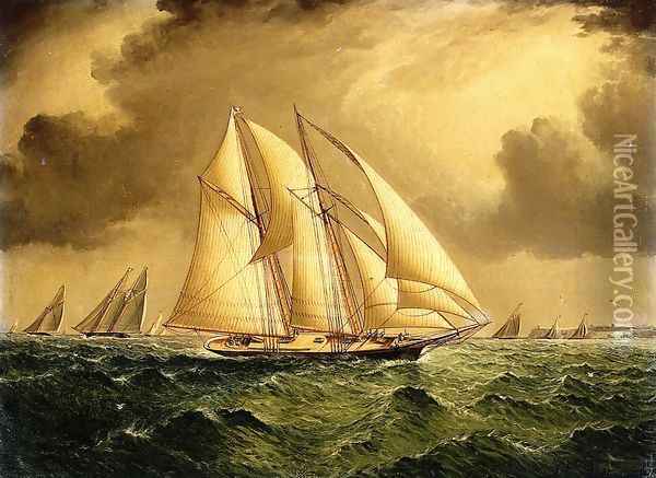 Schooners Racing off Sandy Hook Oil Painting - James E. Buttersworth