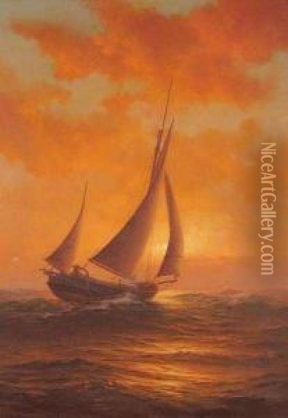 Sunset Sail - The Sailboat 'spray', Out Of Boston Oil Painting - Warren W. Sheppard
