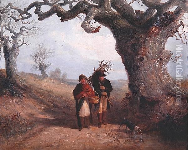 Figures And Dog On A Country Lane Oil Painting - Thomas Smythe