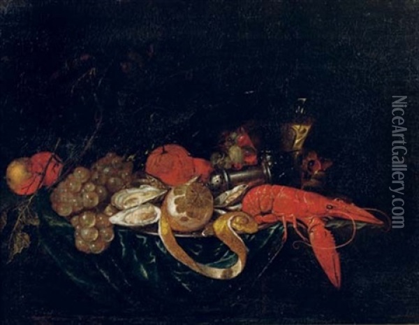 A Lobster, Oysters And A Partially Pealed Lemon On A Pewter Plate With Peaches, Grapes, Oranges, A Salt Sellar And A Glass Of Wine Oil Painting - Cornelis De Heem