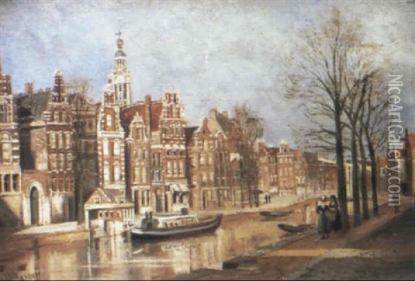 Along A City Canal Oil Painting - Johannes Christiaan Karel Klinkenberg