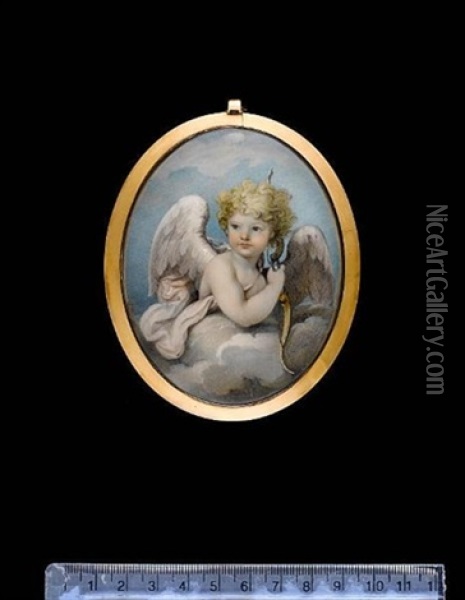 A Child In The Guise Of Cupid, With Feathered Wings And Holding A Bow, Surrounded By Clouds Oil Painting - Charlotte Jones