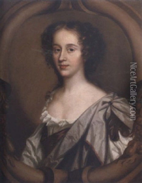 Portrait Of A Lady Wearing A White Dress With A Grey Wrap In A Carved Stone Oval Oil Painting - Mary Beale
