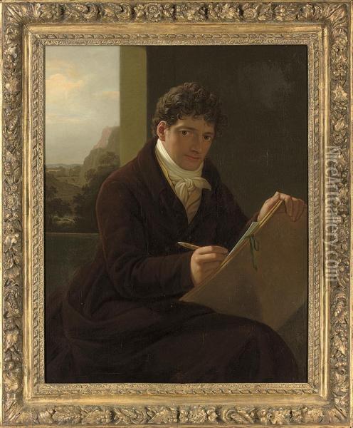 Self-portrait, Three-quarter-length, Seated In A Brown Coat,sketching, A Landscape Beyond Oil Painting - Josef Grassi